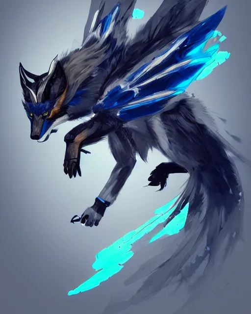 Image similar to concept art of winged wolf neon blue and black, highly detailed painting by dustin nguyen, akihiko yoshida, greg tocchini, 4 k, trending on artstation, 8 k