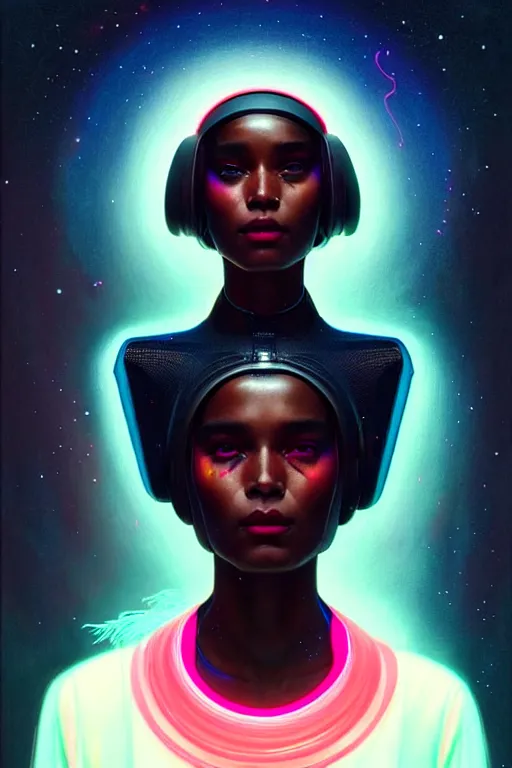 Prompt: patron saint of 🛸👩🏾, futuristic clothing, neon god of city character portrait, in the style of moebius, tom bagshaw, and waterhouse, cinematic lighting, beautiful, elegant, oil painting,