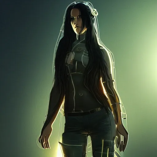 Prompt: a portrait of a sad cyberpunk long black hair women standing in a soft lighting, golden hour, ahestetic, very detailed, super detailed, extremely beautiful,