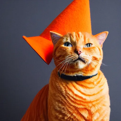 Prompt: photographic portrait of a big orange tabby cat wearing a wizard hat