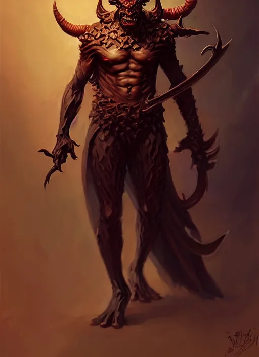 Image similar to full body devil man, simplify stylized intricate skin pattern, elegant, realistic, dnd character art portrait, dark fantasy art, matte fantasy painting, deviantart artstation, by jason felix by steve argyle by tyler jacobson by peter mohrbacher by paul hedley, cinema