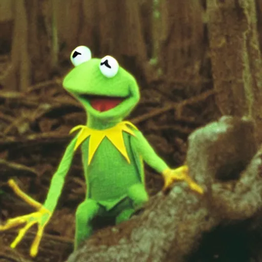 Image similar to a still of kermit the frog in the blair witch project