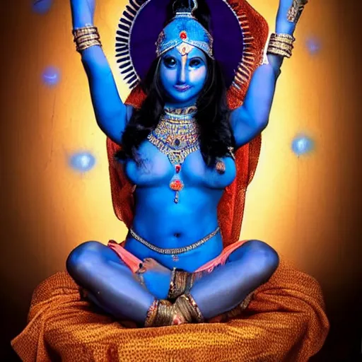 Prompt: blue - skinned indian goddess with six arms, symmetric, aesthetic!!!, cosplay, studio lighting, beautiful symmetric face, clean composition, highly symmetric body parts, gazing eyes