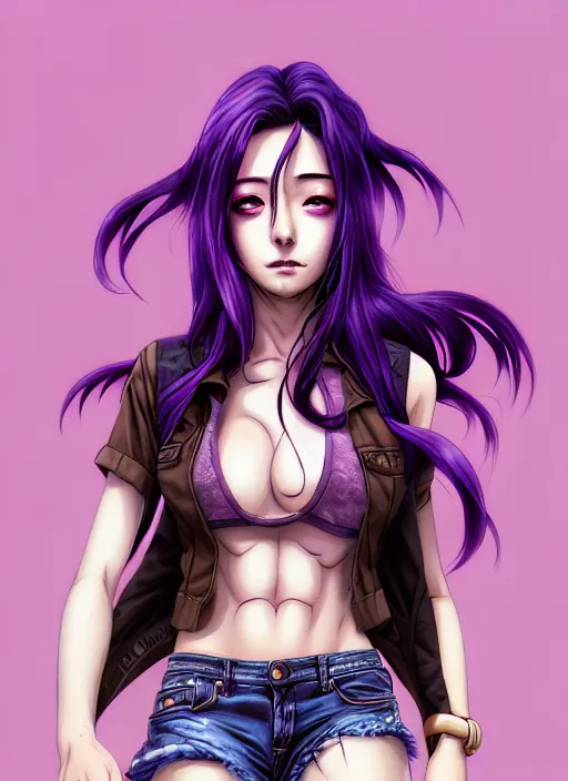 Prompt: a portrait of dilraba dilmurat as revy from black lagoon, smirk, black tank top, jean shorts, brown eyes, purple hair, symmetrical eyes, symmetrical face, art by lois van baarle and loish and ross tran and rossdraws and sam yang and samdoesarts and artgerm, digital art, intricate, sharp focus