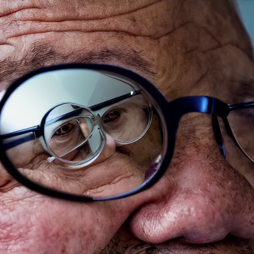 Prompt: photo close up of a sad old man wearing glasses with mirrored lenses, in the relection of the glasses you can see a brown bear ( eos 5 ds r, iso 1 0 0, f / 8, 1 / 1 2 5, 8 4 mm, postprocessed,, crisp face, facial features )