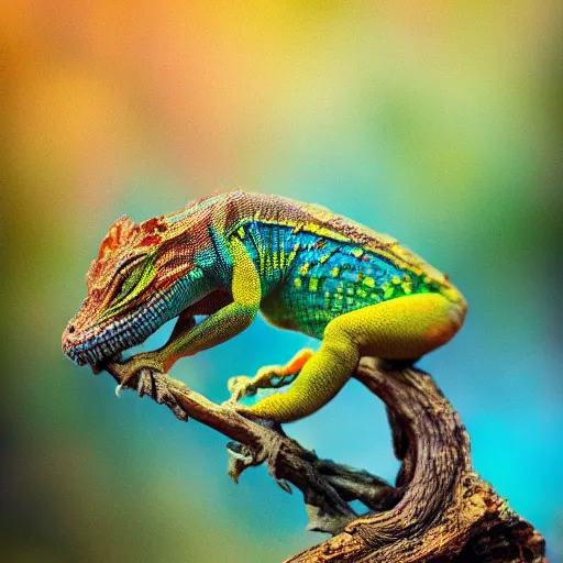 Prompt: highly detailed photograph of a lizard sitting in a steaming colorful hotspring with woodland forest backdrop, featured on artstation