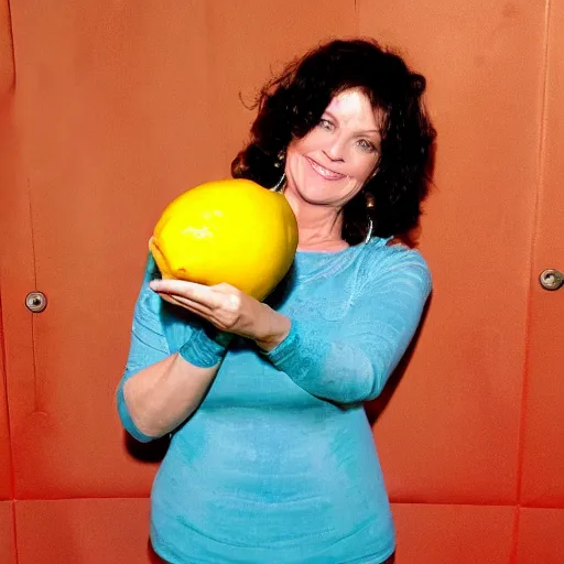 Image similar to Jill Tyrell from nighty night holding a lemon