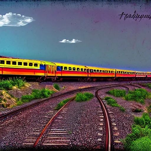 Image similar to A digital art of an Indian train flying through the sky with magical jet turbines, but as a photograph