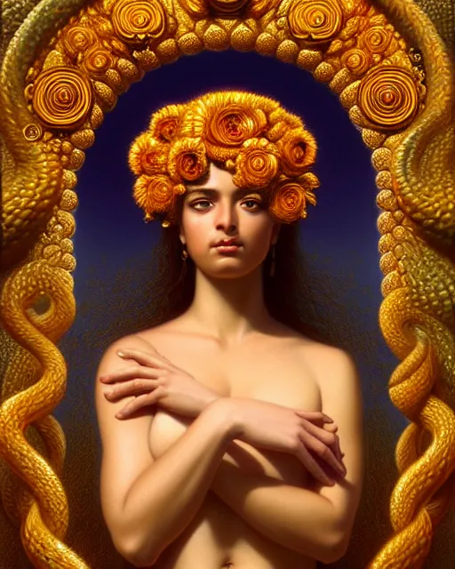 Image similar to portrait of the goddess of golden fire, unusual beauty, flowers and plants, emotionally evoking symbolic metaphors, head in focus, fantasy, ornamental, intricate, elegant, sensual, highly detailed digital painting, artstation, concept art, painterly, golden ratio, sharp focus, illustration, art by John William Godward and Boris Vallejo and Zdzisław Beksiński,