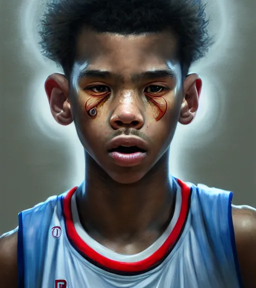 Prompt: portrait of a boy at a basketball court playing basketball wearing a basketball jersey in a basketball court standing near the basketball hoop, intense emotion, detailed facial expression, detailed surroundings, intricate, elegant, highly detailed, centered, digital painting, artstation, concept art, smooth, sharp focus, illustration, by (Peter Mohrbacher), WLOP