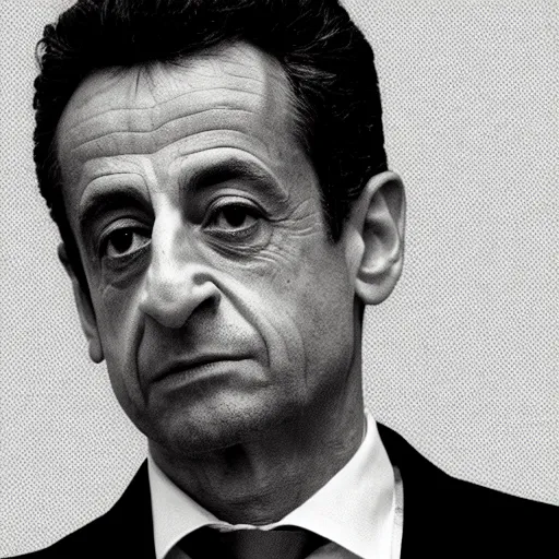 Image similar to very very low quality mugshot portrait of Nicolas Sarkozy, heavy grain, high contrast black and white