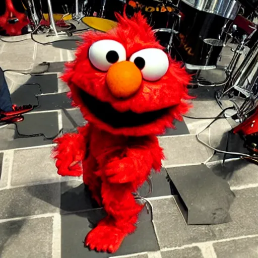 Image similar to elmo in a satanic metal band