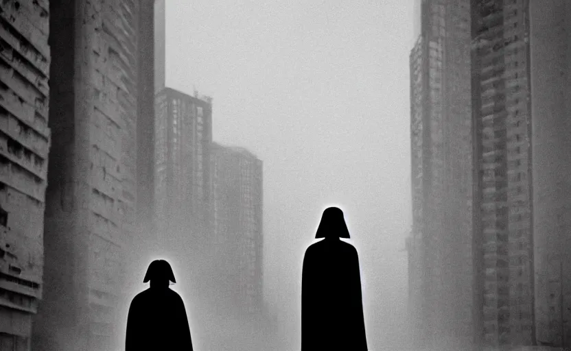 Prompt: cinestill 5 0 d candid photographic portrait by helen levitt of darth vader wearing rugged black mesh techwear, modern cyberpunk moody emotional cinematic, white pale concrete city, dust storm, 8 k, hd, high resolution, 3 5 mm, f / 3 2, ultra realistic faces, ex machina