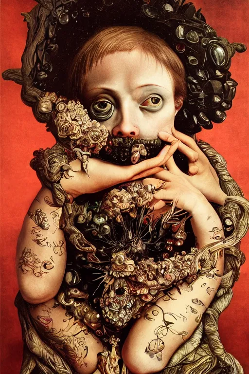 Prompt: Detailed maximalist portrait with large lips and with large wide eyes, surprised expression, extra flesh and eyes, HD mixed media, 3D collage, highly detailed and intricate, surreal illustration in the style of Caravaggio, dark art, baroque