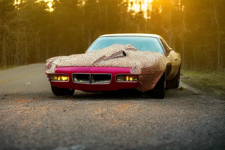 Image similar to pontiac firebird with cherry glitter paint and fur, cat inside car, sunrise, eerie light, fireflies, dramatic, cinematic, forest, horror, sunbeams, volumetric lighting, wide shot, low angle, lightning storm hitting the car, ground cracking open to reveal a portal to hell