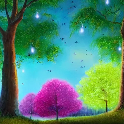 Image similar to landscape with colorful trees with furry leaves and fireflies, luminescent detailed magical realism painting 4 k artstation