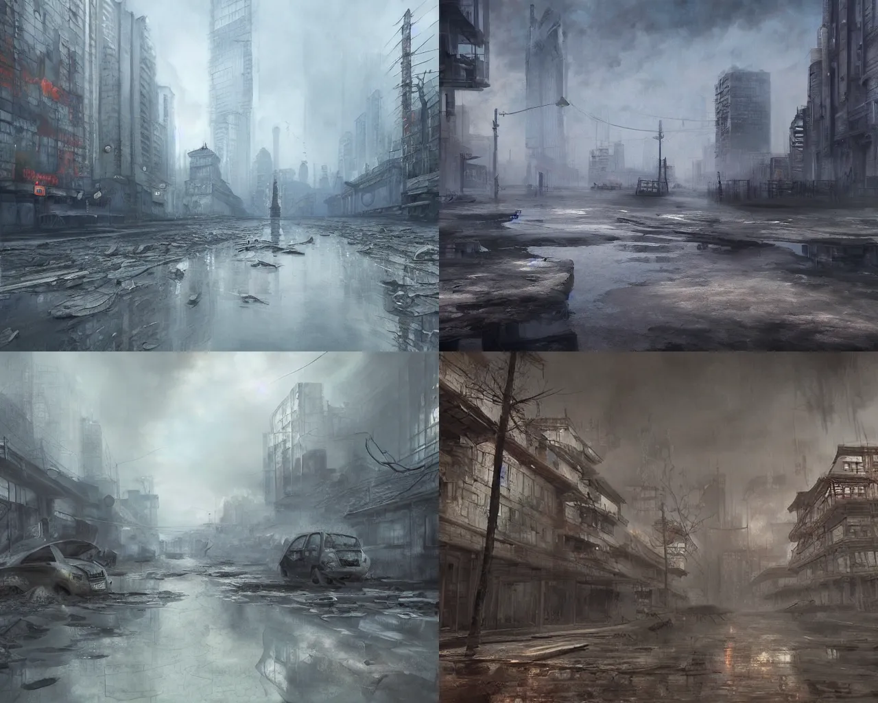 Prompt: A beautiful, haunting and calming oil painting by Zhang Jue on an apocalyptic city, 4 water colours, rendered in unreal engine