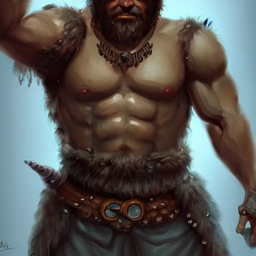 Prompt: portrait of a rugged warrior, muscular, upper body, hairy torso, D&D, fantasy, intricate, elegant, highly detailed, digital painting, artstation, concept art, matte, sharp focus, illustration