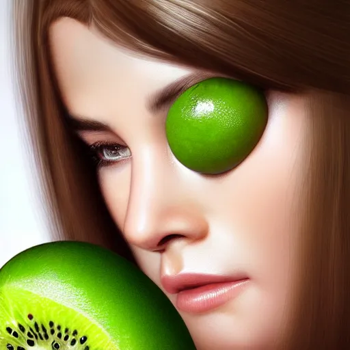 Image similar to close up of female model with green juicy kiwifruit slices covering her eyes. 4K award winning photorealistic. smooth, sharp focus, illustration by artgerm and greg rutkowski Artgerm 8k