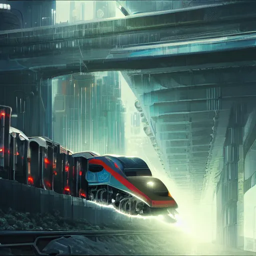 Image similar to futuristic cargo train coming down the tracks, matte painting, artstation, cyberpunk