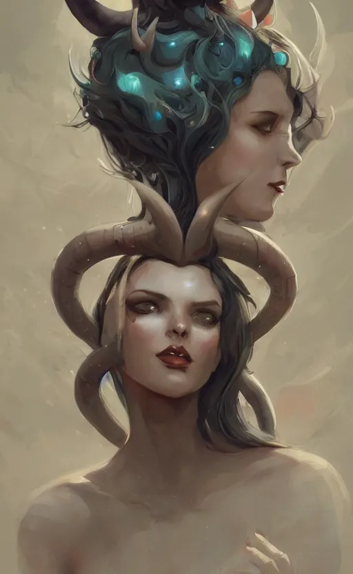 Image similar to a digital painting of a fully dressed woman with horns on her head, concept art by peter mohrbacher, featured on cgsociety, fantasy art, cosmic horror, artstation hd, dark and mysterious