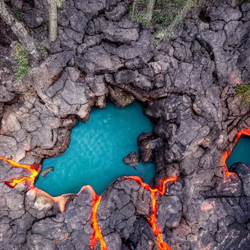 Prompt: nature photograph of a mythological dragon bathing in lava, cryptid, unexplained phenomena, drone photography, 8k