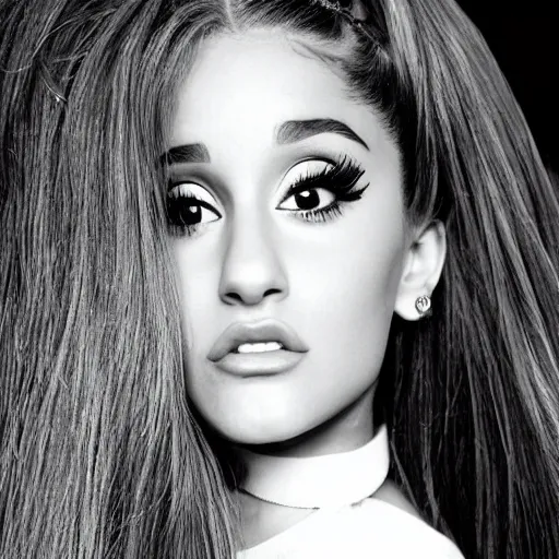 Prompt: ariana grande recursive photo beautiful ariana grande photo bw photography 130mm lens. ariana grande backstage photograph posing for magazine cover. award winning promotional photo. !!!!!COVERED IN TATTOOS!!!!! TATTED ARIANA GRANDE NECK TATTOOS. Zoomed out full body photography. Dramatic pose, reclining