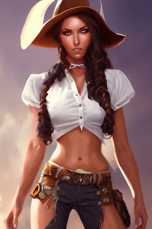 Image similar to full body, female cowgirl, perfect face, white blouse, 8 k, magic the gathering, desert, d & d, artstation, high detail, smooth, muscular