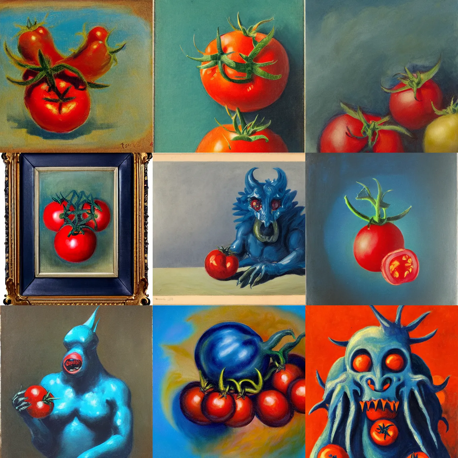 Prompt: feral tomato - beast monster, tonalist portrait ( 1 9 4 2 ), pyrrol scarlet and cerulean blue