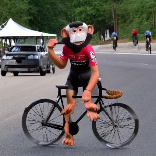 Prompt: monkey driving a bike with wheel of donuts wins tour the france