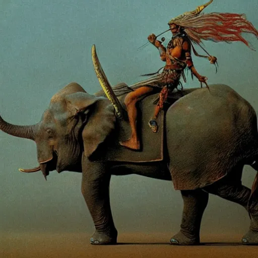 Image similar to tribal warrior riding a war elephant concept art, by beksinski