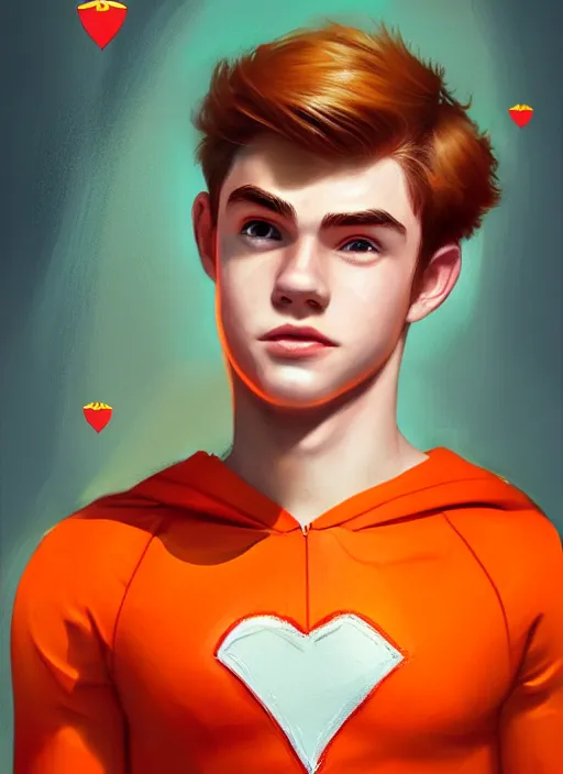 Image similar to friendly teenage archie andrews wearing an orange superhero costume with heart logo, freckles, superhero costume, heart emblem on chest, cape, intricate, elegant, glowing lights, highly detailed, digital painting, artstation, sharp focus, illustration, art by wlop, mars ravelo and greg rutkowski