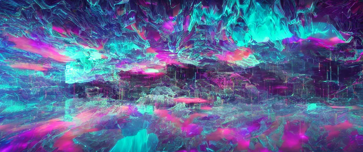 Prompt: dream landscape, simulation, glitch, volumetric object, physical particles, translucence, cinematic lighting, iridescence, by ash thorpe