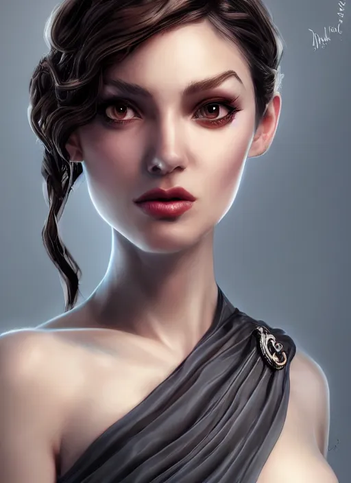 Image similar to beautiful fashion goddness, strapless dress, character portrait in the style of thomas river and artgerm, wlop, cinematic lighting, hyperdetailed, 8 k realistic, symmetrical, global illumination, radiant light, halo, love and mercy, frostbite 3 engine, cryengine, dof, trending on artstation, digital art, chanel