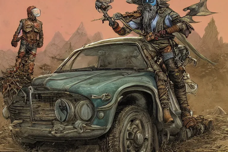 Image similar to a highly detailed garden gnome wearing goggles and head scarf hanging off the back of a car as its speeding down the highway, wasteland, post - apocalyptic road warrior vibe, full body, wide angle, an ultrafine detailed painting by p. craig russell and barry windsor - smith, trending on deviantart, octane, masterpiece