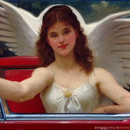 Prompt: an oil painting of an angel driving a 1950s car ordering in drive through, interior view, by Bouguereau, highly realistic and intricate