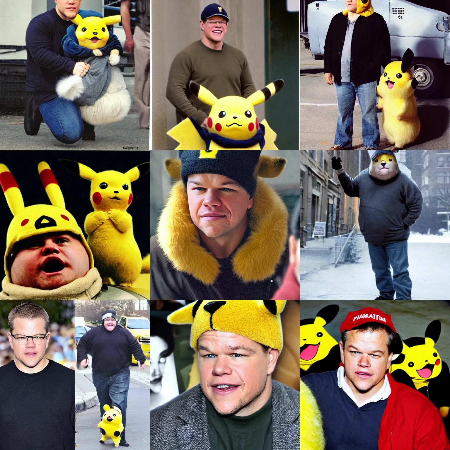 Prompt: matt damon!! obese in fur and pikachu hat, still photograph, vintage -