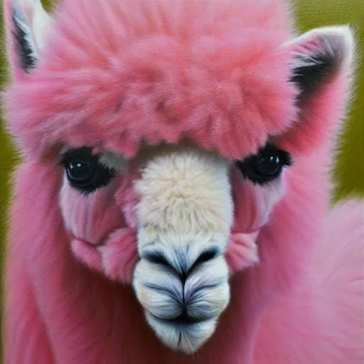 Image similar to fluffy pink alpaca, hyperrealism oil painting