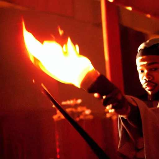 Image similar to cinematic film still of Tory Lanez starring as a Samurai holding fire, Japanese CGI, VFX, 2003, 400mm lens, f1.8, shallow depth of field,film photography