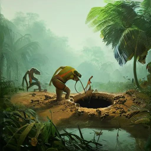 Image similar to Badger Archaeologists Digging a Hole Deep in the Amazon Jungle artwork by Sergey Kolesov, detailed, dynamic, cinematic composition