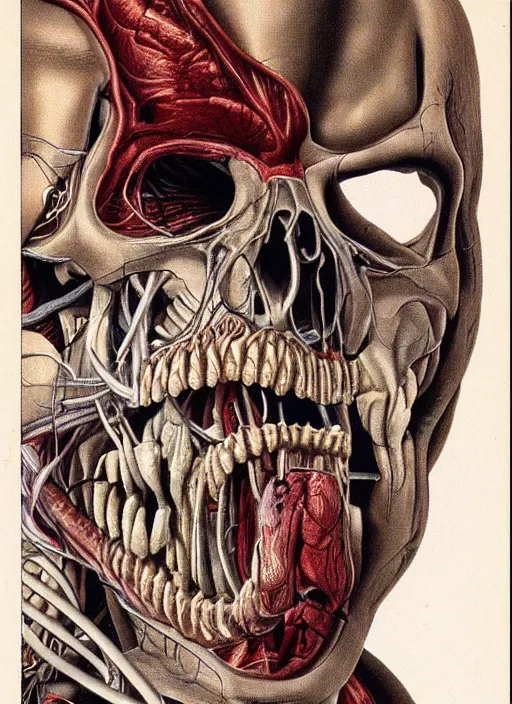 Image similar to vintage medical anatomical illustration of predator ( 1 9 8 7 ) mouth, highly detailed, labels, intricate writing