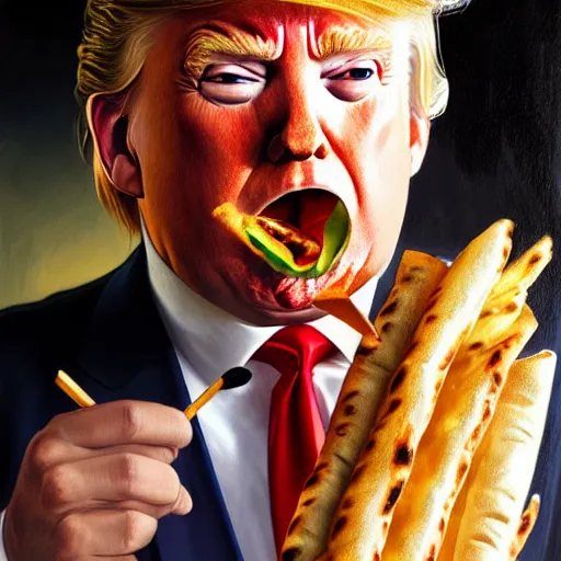 Prompt: donald trump eating a kebab, closeup, d & d, fantasy, intricate, elegant, highly detailed, digital painting, artstation, concept art, matte, sharp focus, illustration, art by artgerm and greg rutkowski and alphonse mucha