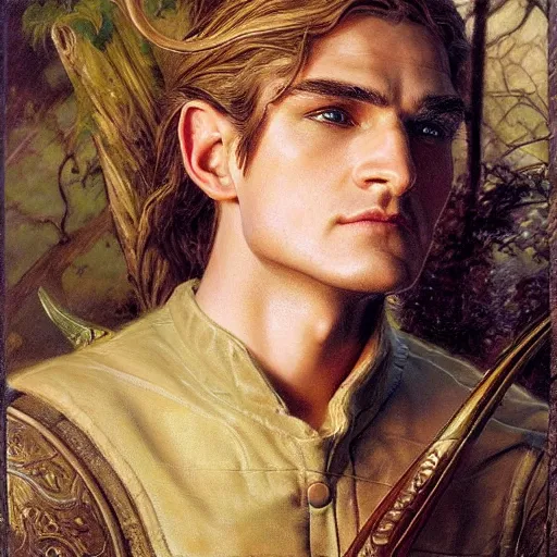 Image similar to a beautiful painting of attractive legolas the elf at the apple event, highly detailed painting by gaston bussiere, craig mullins, j. c. leyendecker 8 k