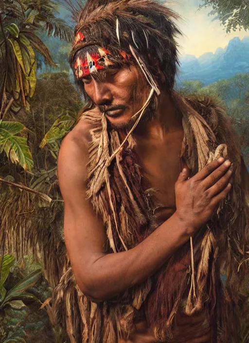 Image similar to a beautiful portrait of an indigenous man taking rapé in the jungle, taking tobacco snuff, praying with tobacco, mysterious atmosphere, fantasy art, matte painting, highly detailed