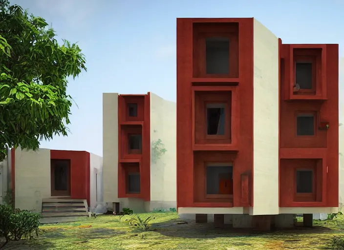 Image similar to low - cost housing designed by architect b v doshi, contemporary indian architecture style ; realistic, detailed, cel shaded, in the style of makoto shinkai and greg rutkowski and james gurney