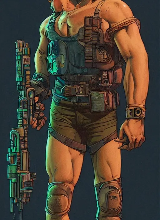 Prompt: buff cyberpunk mercenary dude. portrait by stonehouse and mœbius and will eisner and gil elvgren and pixar. realistic proportions. cyberpunk 2 0 7 7, apex, blade runner 2 0 4 9 concept art. cel shading. attractive face. thick lines.