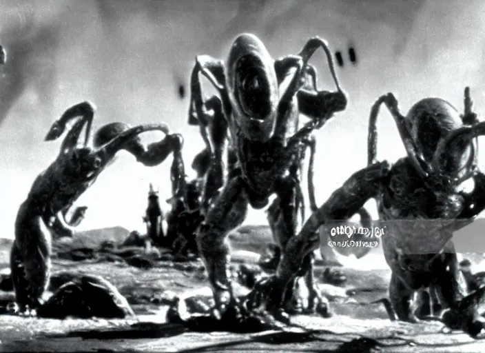 Prompt: scene from a 1930 science fiction film about an alien invasion