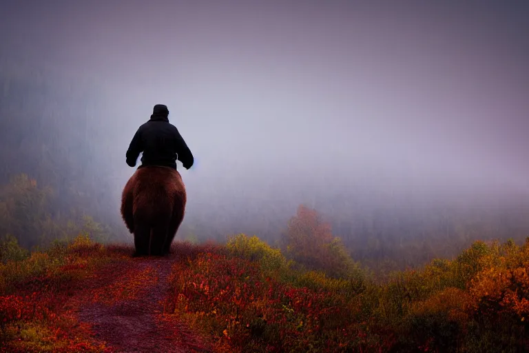 Image similar to back of bob ross riding on the back of brown bear in alaska at fall season, outdoor lighting, realistic, photo, national geographic photo, volumetric, fog