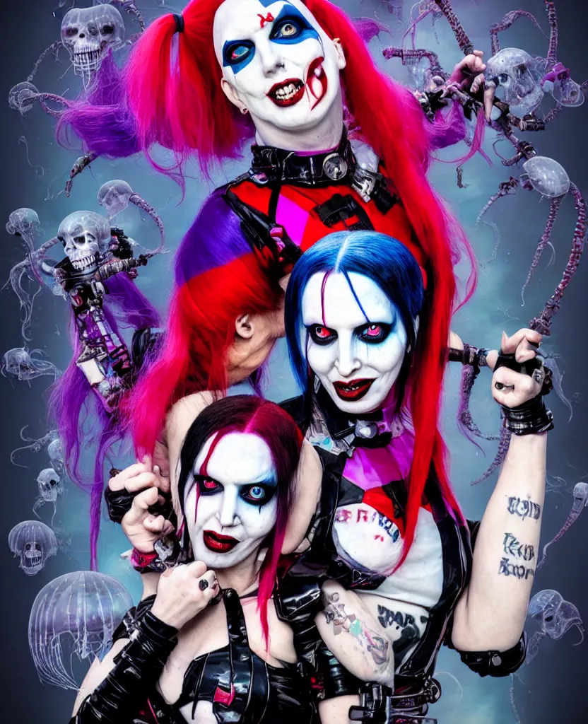 Image similar to Marilyn Manson and Ziggy Ramirez as Harley Quin (The Suicide Squad), epic angle and pose, symmetrical artwork, 3d with depth of field, blurred background, cybernetic jellyfish female face skull phoenix bird, translucent, nautilus, energy flows of water and fire. a highly detailed epic cinematic concept art CG render. made in Maya, Blender and Photoshop, octane render, excellent composition, cinematic dystopian brutalist atmosphere, dynamic dramatic cinematic lighting, aesthetic, very inspirational, arthouse. y Greg Rutkowski, Ilya Kuvshinov, WLOP, Stanley Artgerm Lau, Ruan Jia and Fenghua Zhong