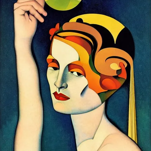 Image similar to Art in the style of Coles Phillips, Gaia, Full figured Mother Earth, portrait, Tamara De Lempicka, Kandinsky